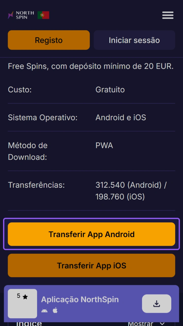 Descarregue a aplicação NorthSpin para Android e desfrute da melhor experiência de jogo.