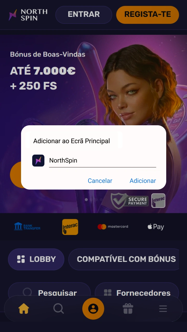 Conclua a instalação do NorthSpin e comece a fazer apostas para ganhar grandes prémios.
