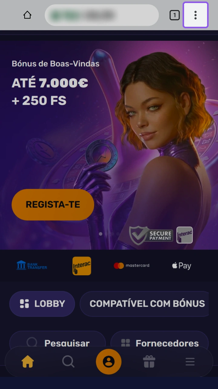 Clique no menu do browser para começar a instalar o NorthSpin no seu smartphone Android.