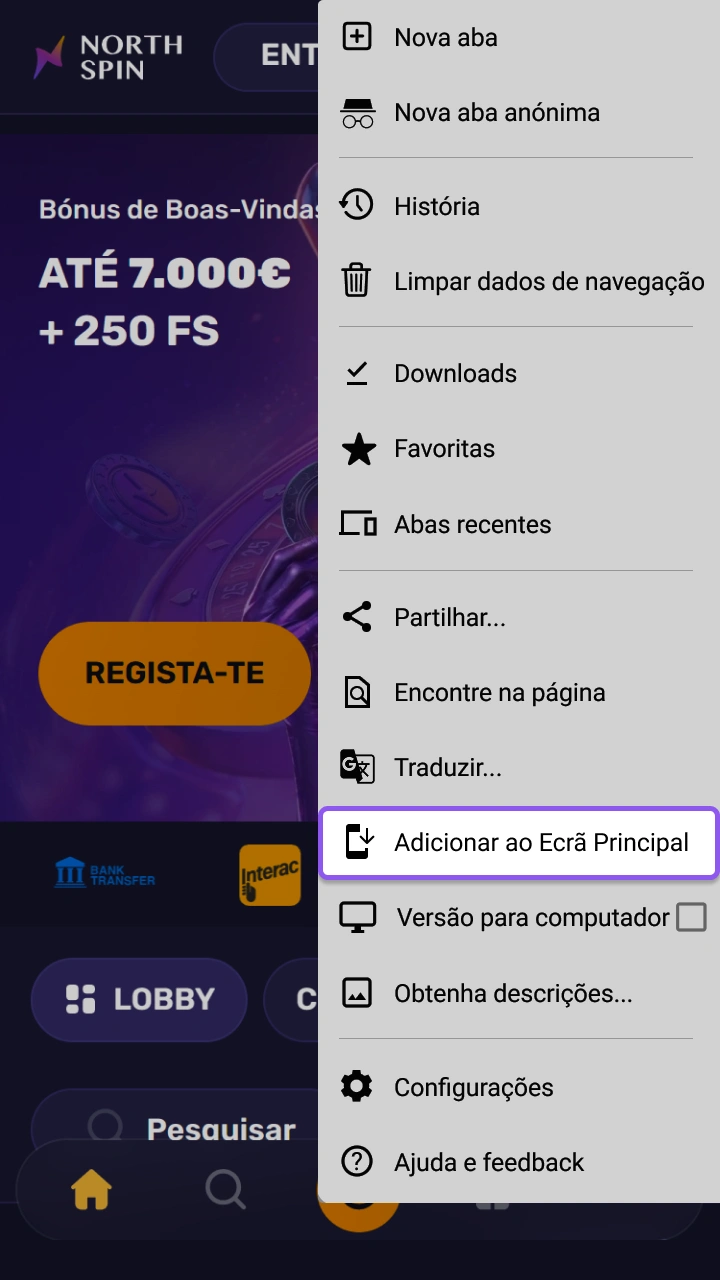 Selecione a opção "Adicionar ao ecrã inicial" para começar a jogar NorthSpin rapidamente.