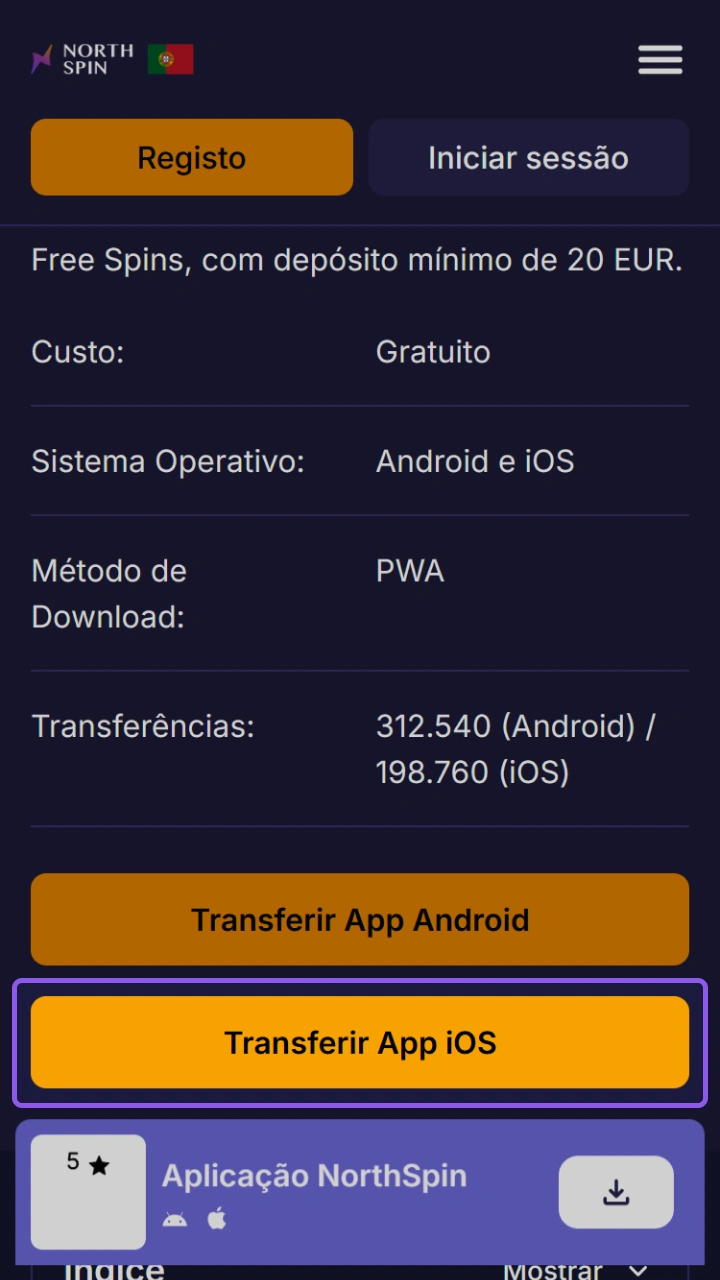 Descarregue a aplicação NorthSpin para iOS e ganhe bónus de boas-vindas incríveis.
