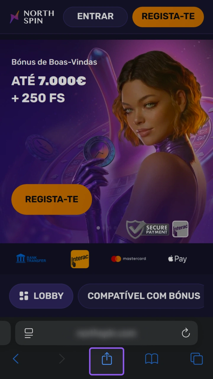 Toque no ícone Partilhar no Safari para instalar o NorthSpin no seu dispositivo.