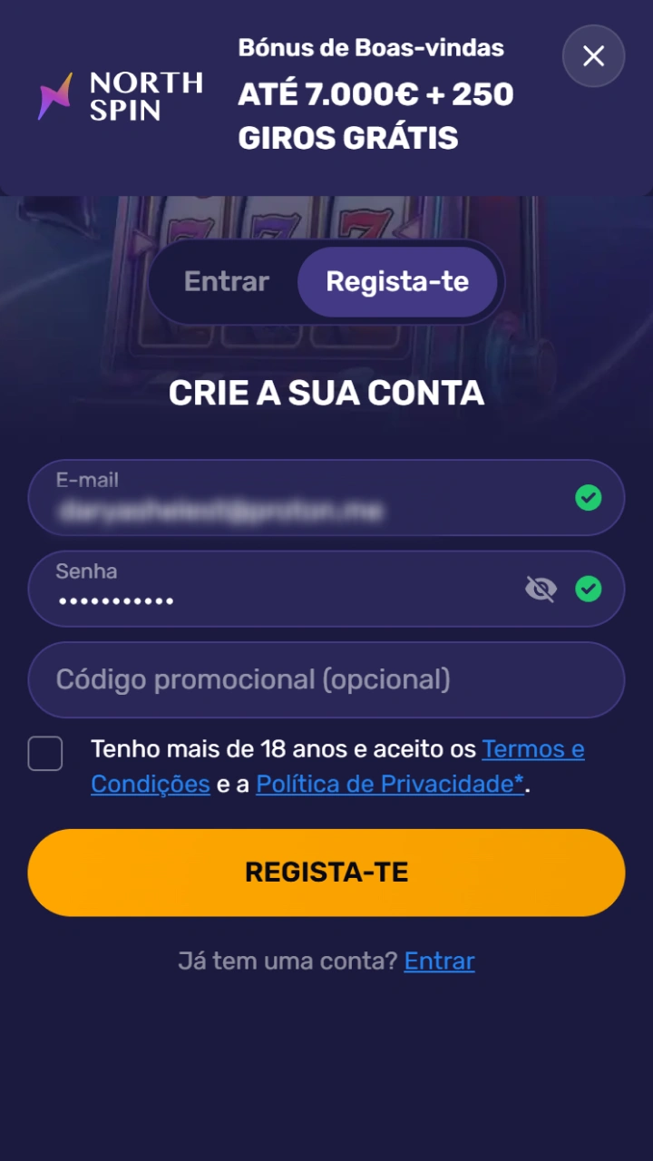 Registe-se no NorthSpin preenchendo o formulário e receba generosos bónus para começar a jogar.