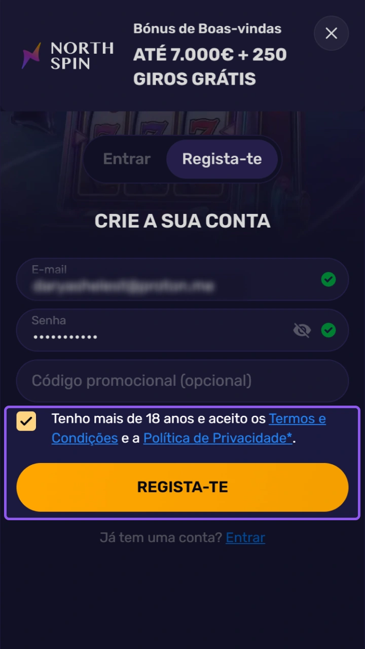Aceite os termos e condições da NorthSpin e complete o registo para jogar com toda a segurança.