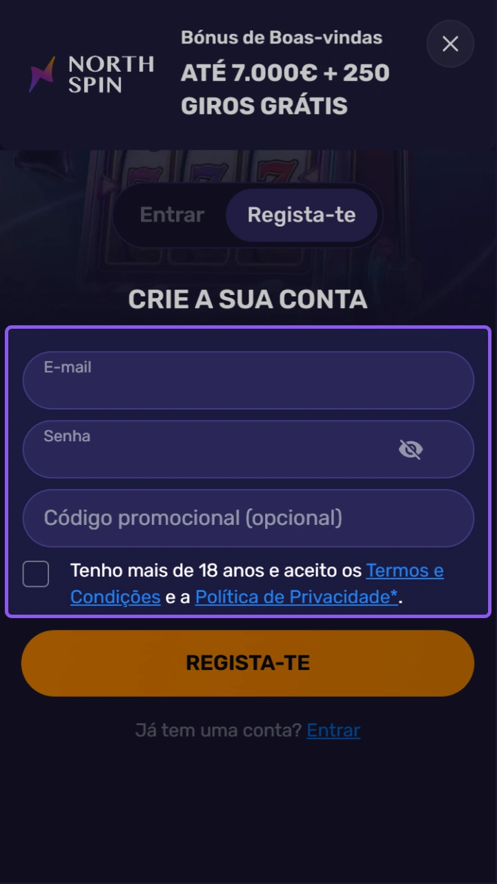 Preencha o formulário de inscrição da NorthSpin para ter acesso aos melhores jogos online.
